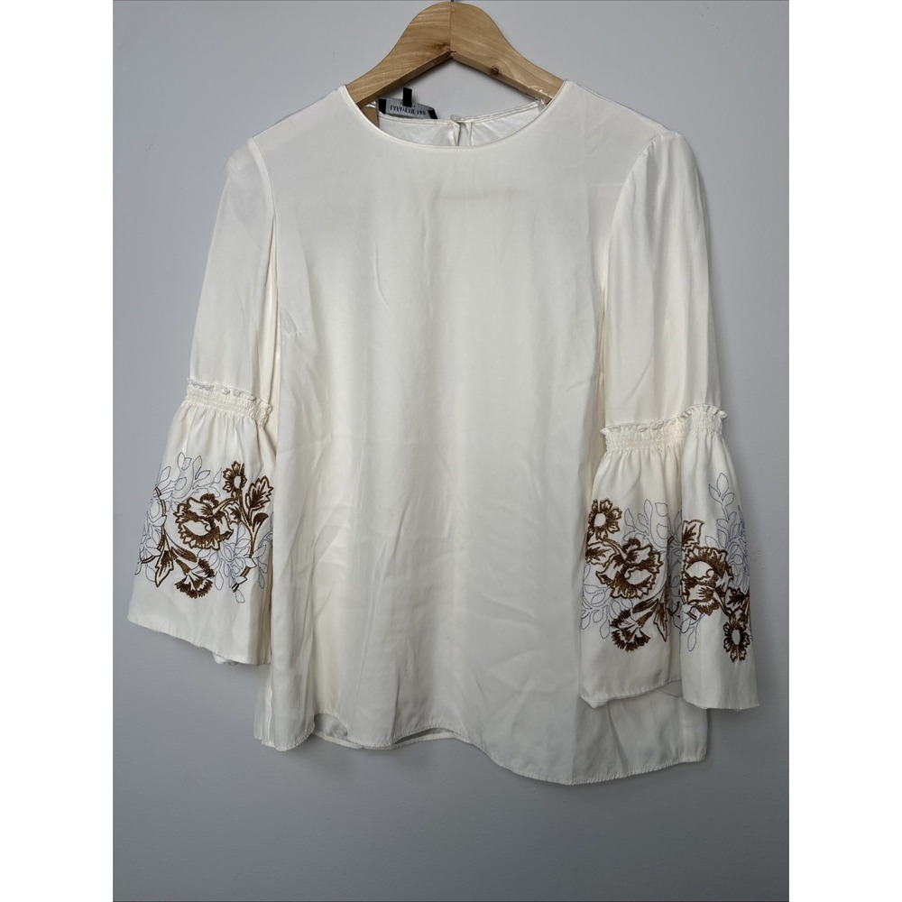 Lafayette 148‎ NY Embroidered Ruffle Sleeve Silk Blouse Off- White Size Small